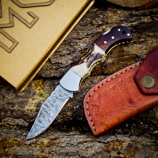 Damascus Handmade Folding Knife, Pocket Knife Ram Horn &amp; Rose Wood Handle